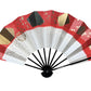 éventail traditionnel japonais argenté, doré et rouge, lames noires, le verso