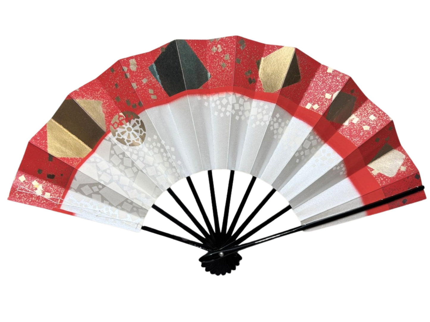 éventail traditionnel japonais argenté, doré et rouge, lames noires, le verso