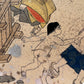 Estampe japonaise en forme d'éventail parsemée de fragments d'or et d'argent, gros plan enfant nu tenant la main de sa mère, puits.