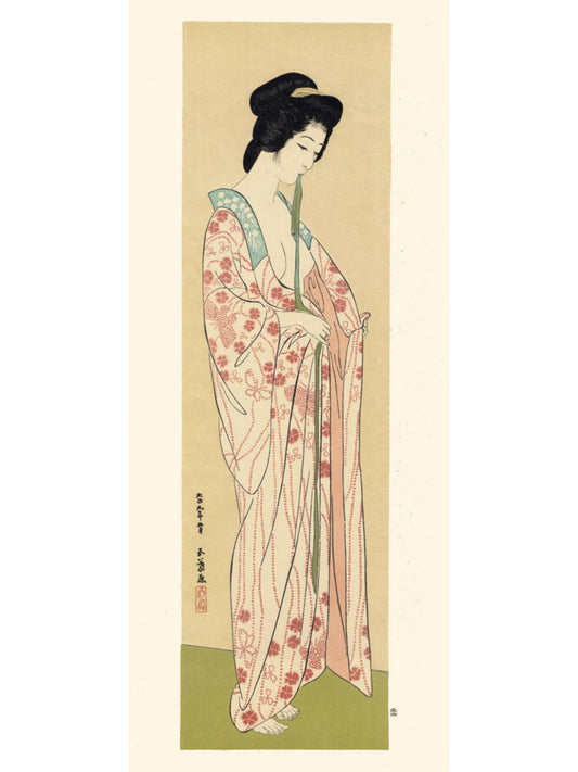 estampe japonaise femme nue enfilant son kimono à la sortie du bain