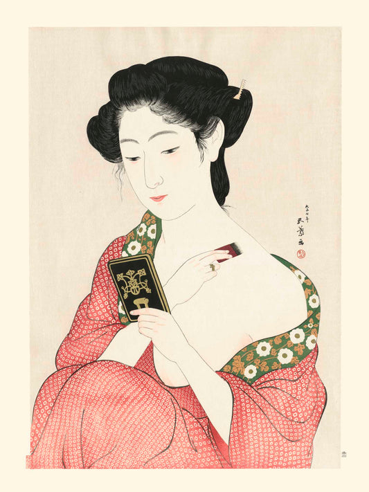 Estampe Japonaise d'une femme se mettant de la poudre blanche sur le coup, magnifique kimono rouge<