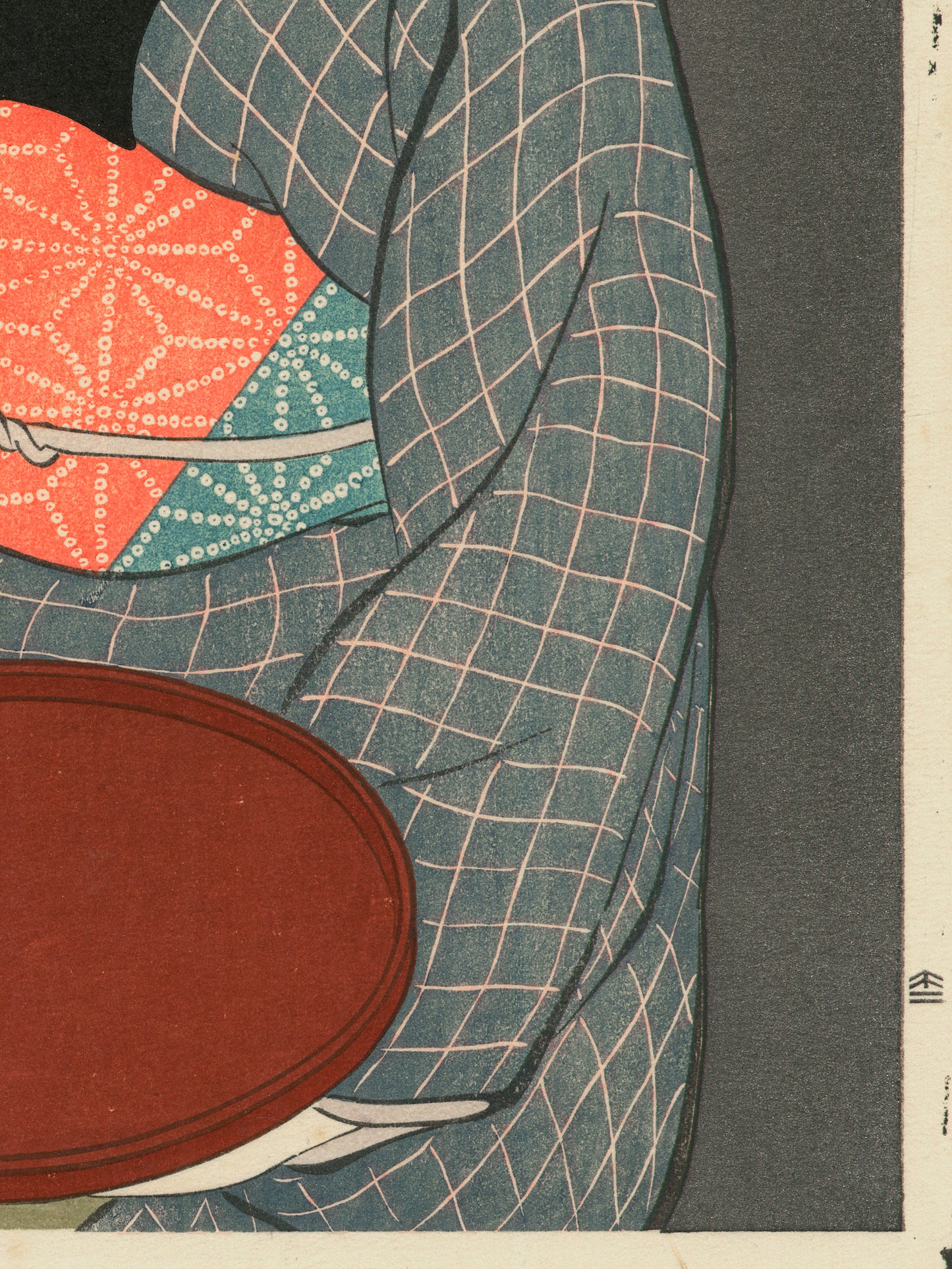 Estampe japonaise détail de l’estampe sur le kimono, le plateau rouge et la signature