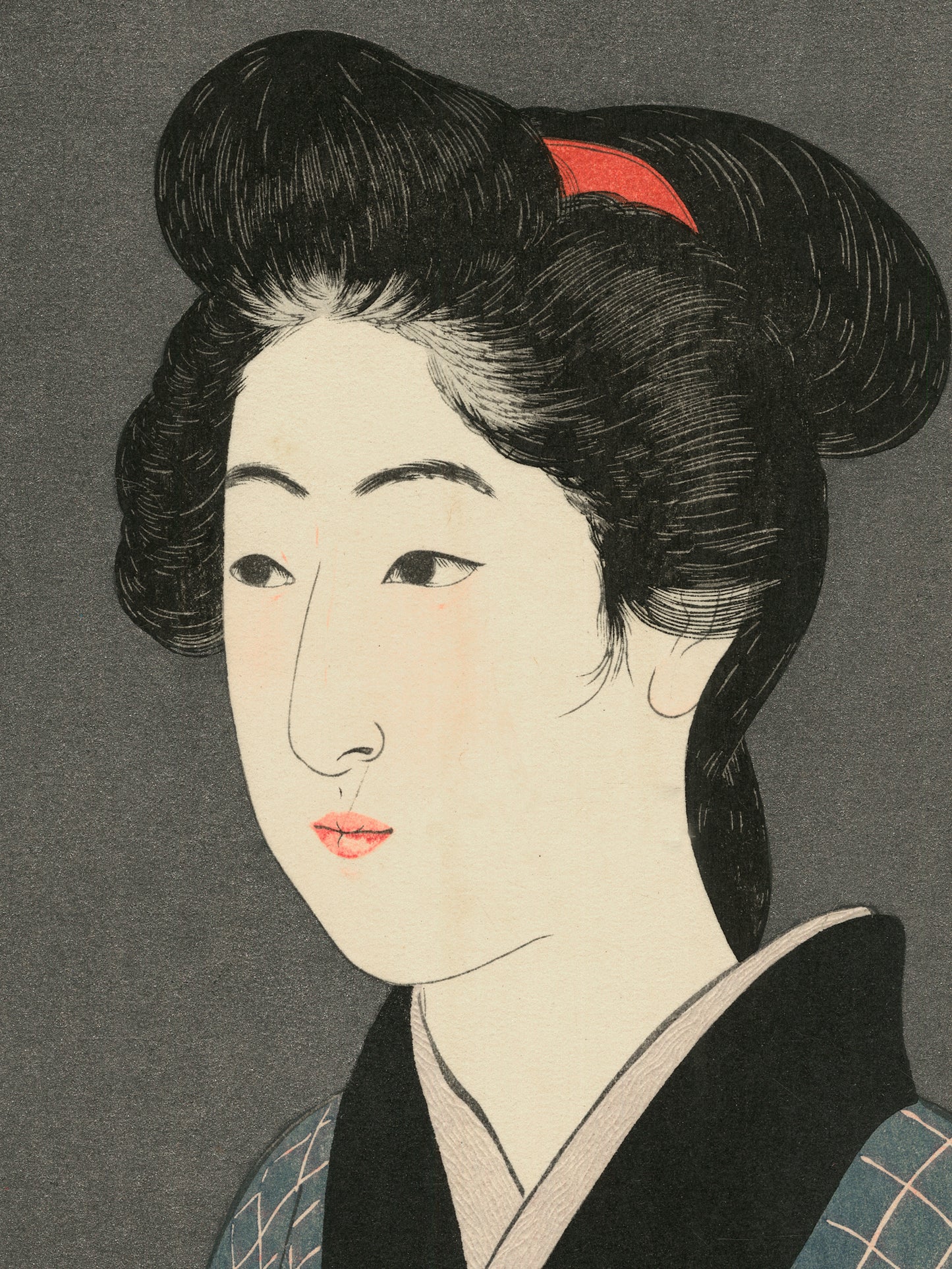 Estampes Japonaise détail de l’estampe sur le visage de la femme, les cheveux épinglés