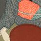 Estampes Japonaise détail de l’estampe sur le kimono gris et le obi rouge