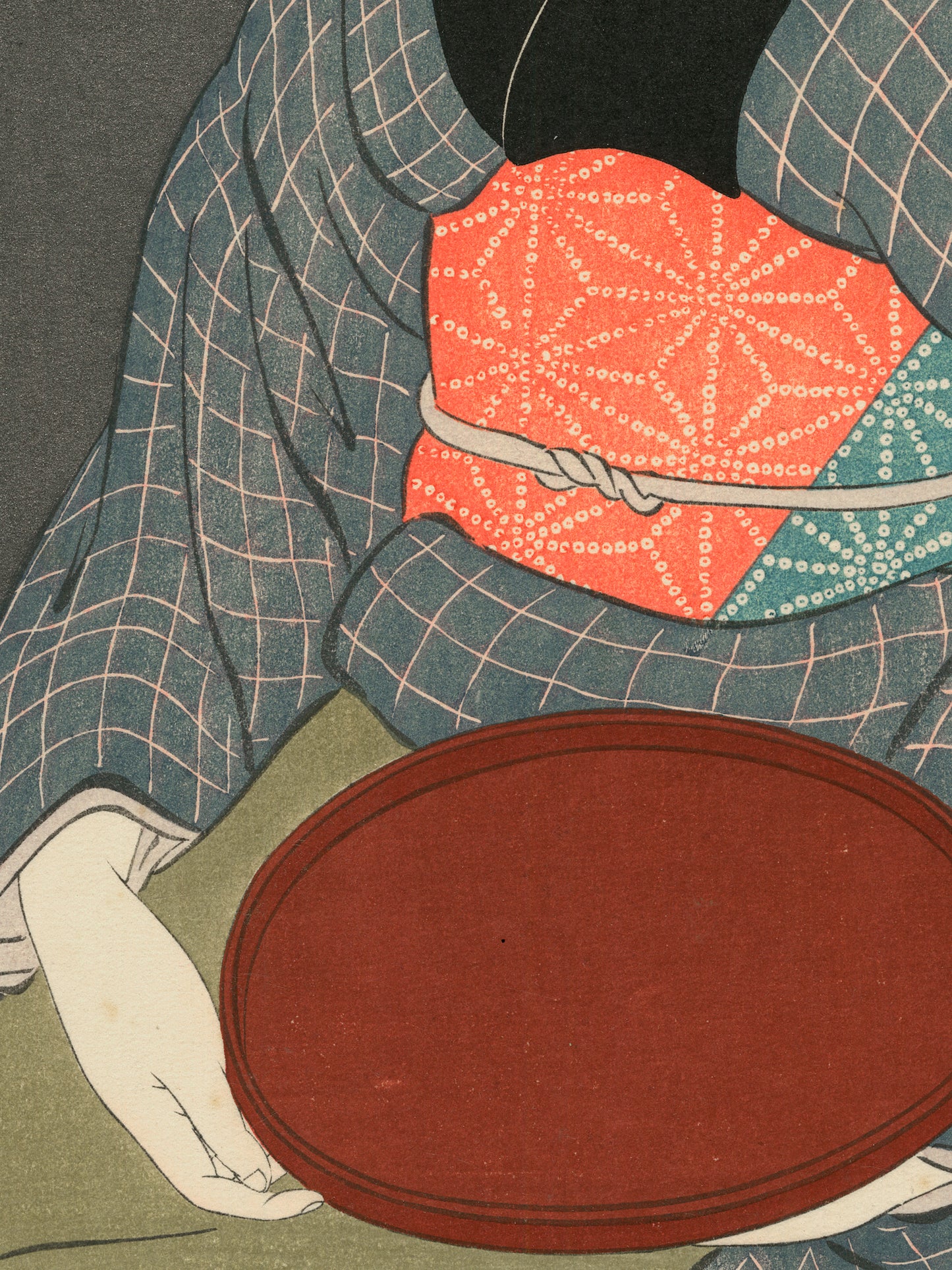 Estampes Japonaise détail de l’estampe sur le kimono gris et le obi rouge
