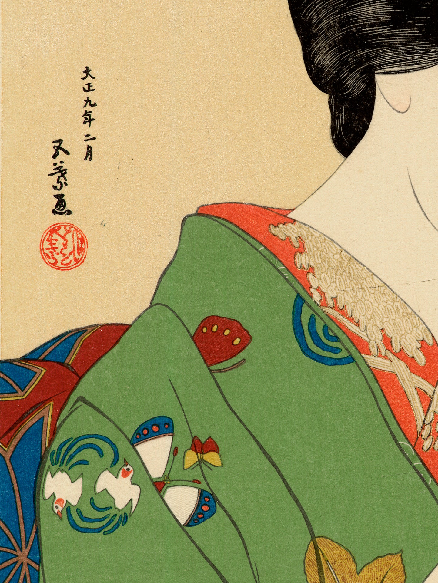 Estampe japonaise détail de l’estampe sur la nuque de la femme et son kimono d’hiver 