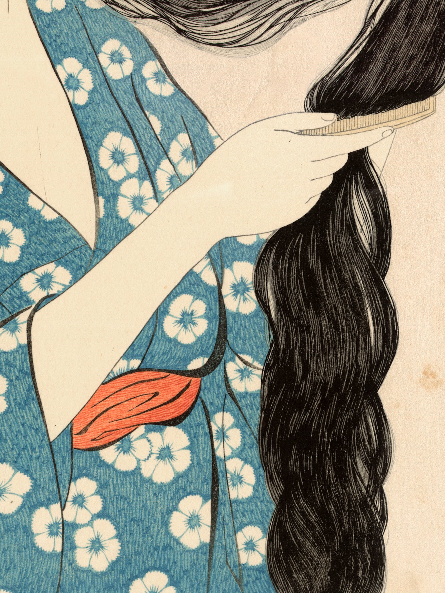 Estampe japonaise détail de l’estampe main cheveux et peigne 