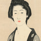 Estampe japonaise détail de l’estampe, visage de la femme, le cheveux épinglés, le regard tourné vers nous