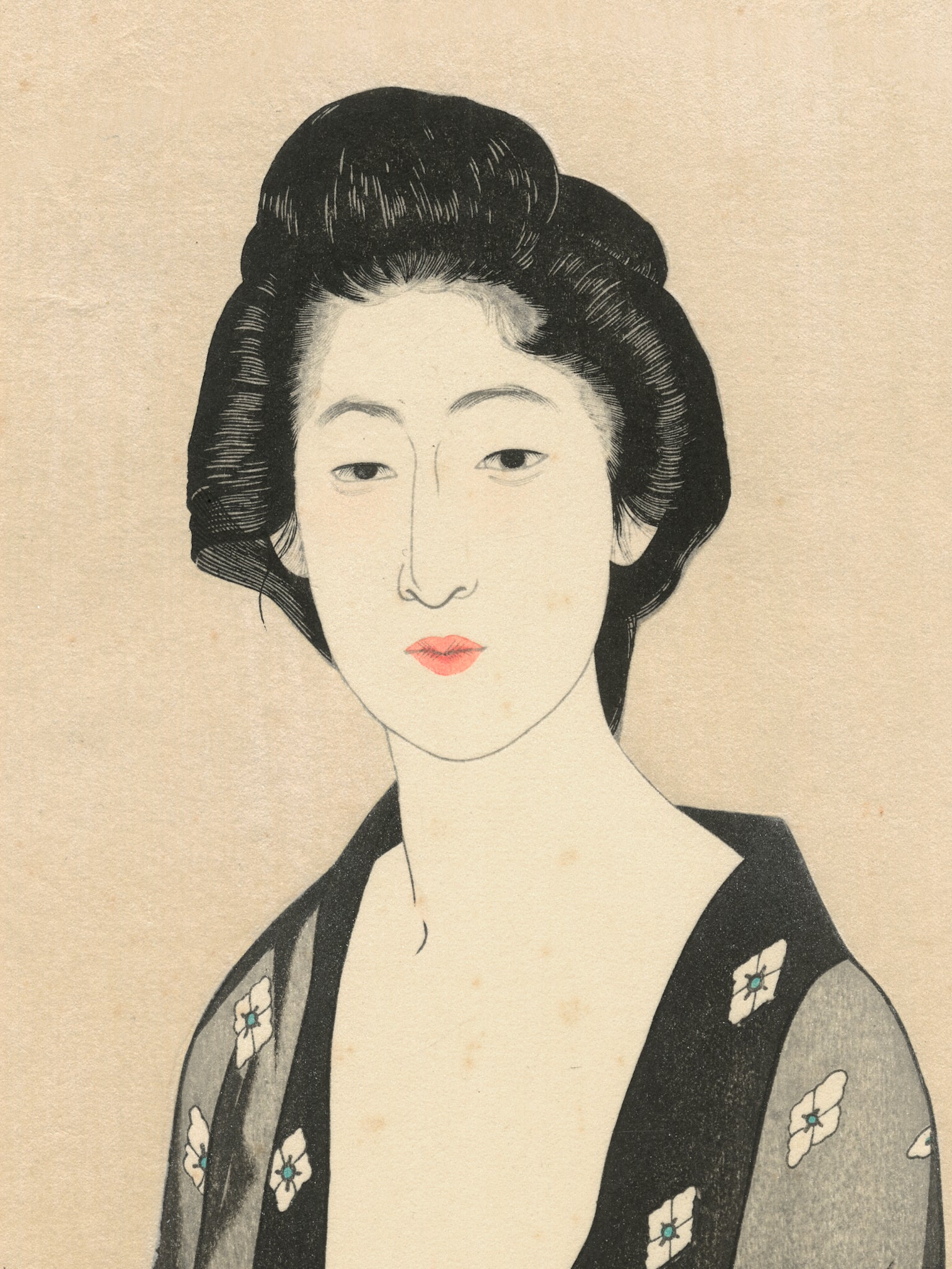 Estampe japonaise détail de l’estampe, visage de la femme, le cheveux épinglés, le regard tourné vers nous