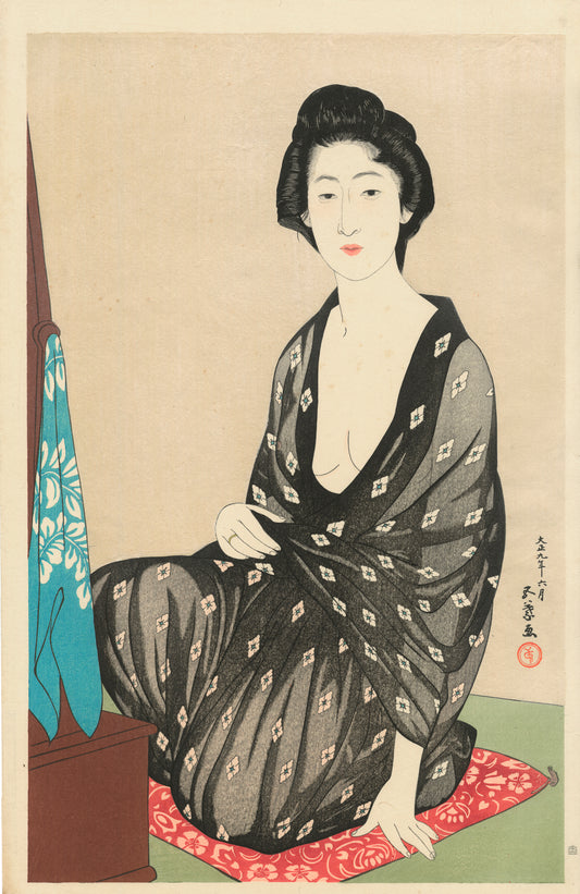 Estampe japonaise d’une femme assise en kimono noir transparent avec motifs blancs 
