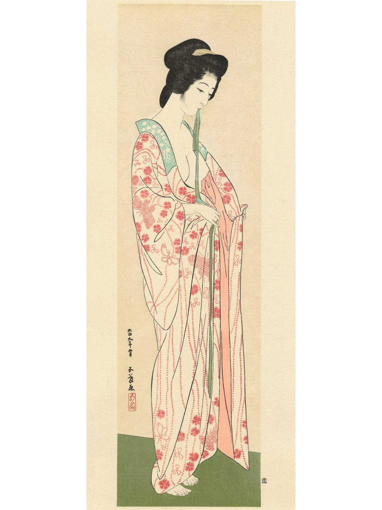 Estampe Japonaise de femme nue enfilant un kimono léger fleuri de printemps