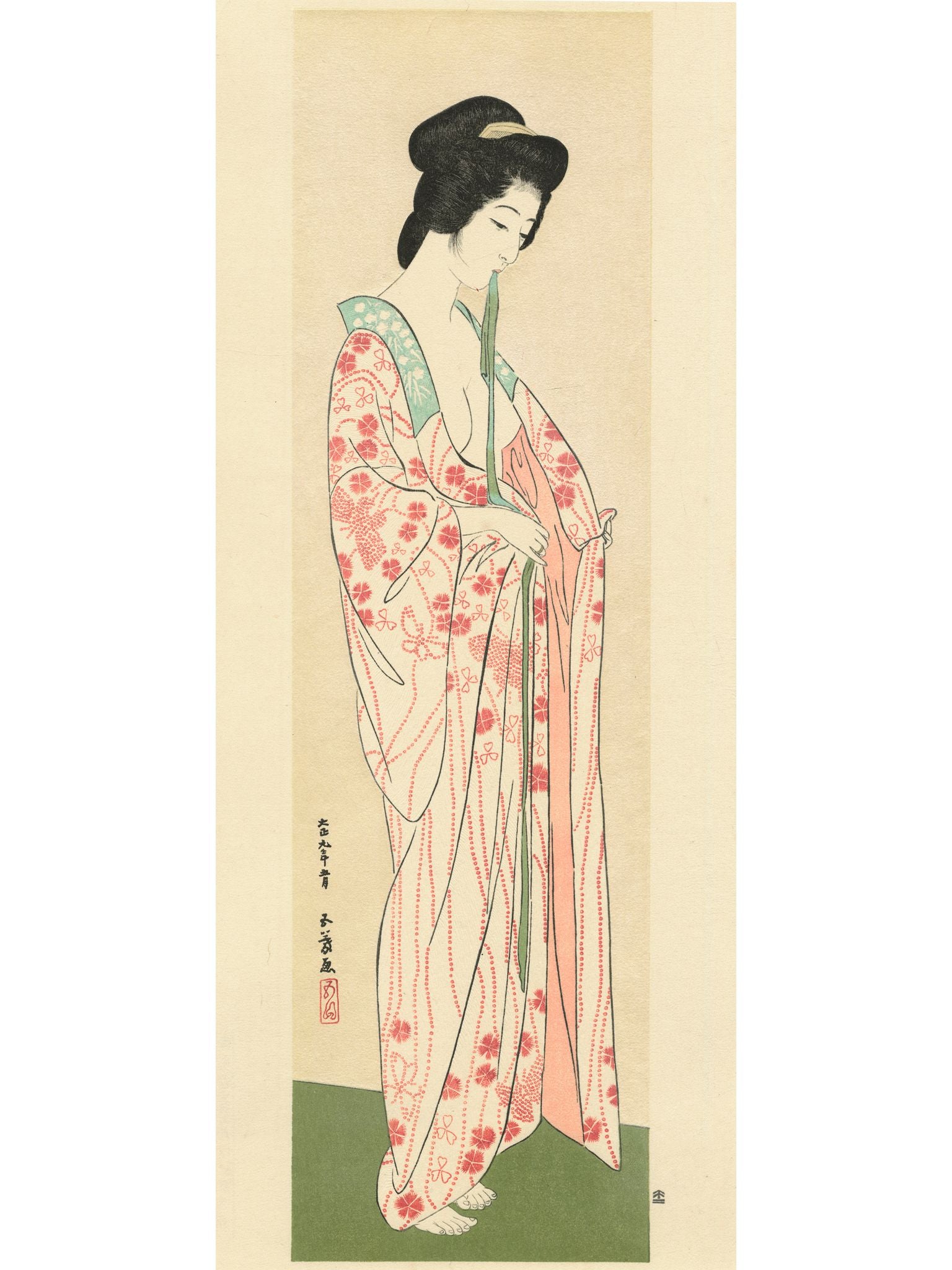 Estampe Japonaise de femme nue enfilant un kimono léger fleuri de printemps