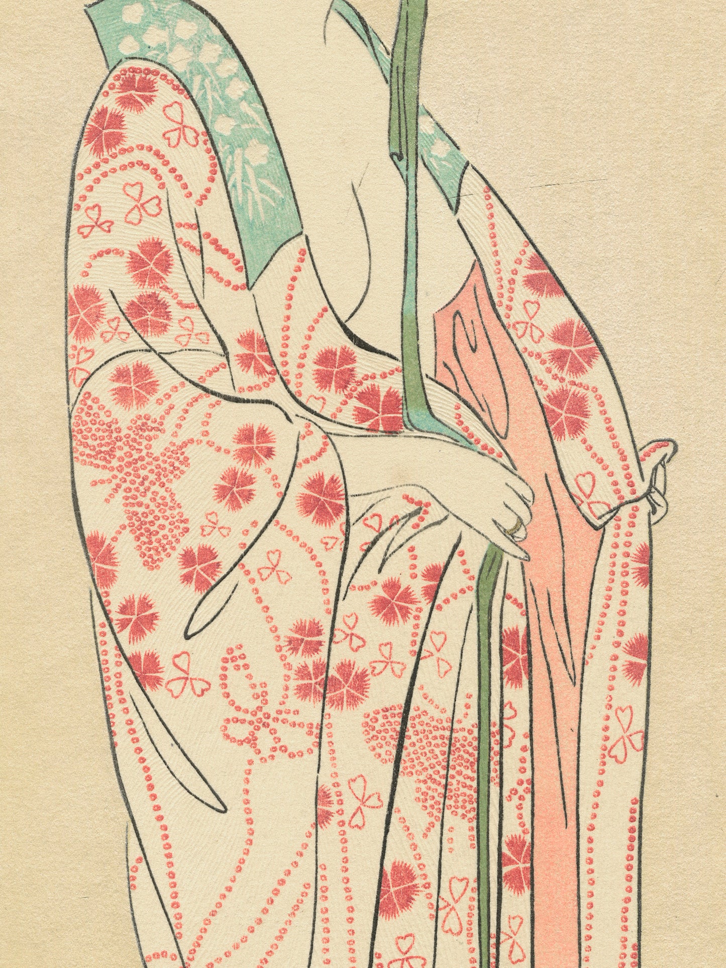 Estampe Japonaise de femme nue enfilant un kimono léger fleuri de printemps, les mains et la poitrine