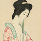 Estampe Japonaise de femme nue enfilant un kimono léger fleuri de printemps, le visage