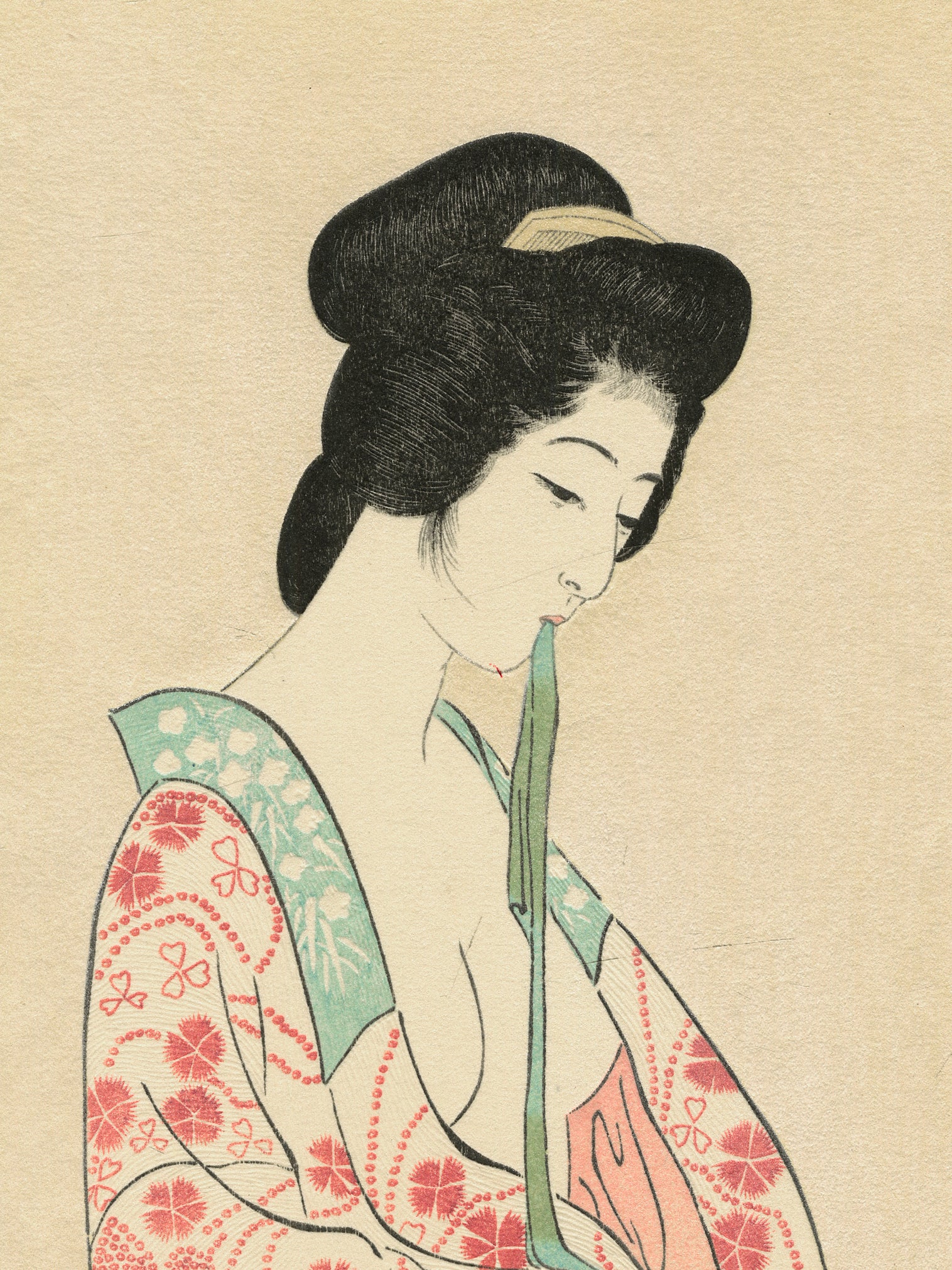 Estampe Japonaise de femme nue enfilant un kimono léger fleuri de printemps, le visage