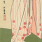 Estampe Japonaise de femme nue enfilant un kimono léger fleuri de printemps, les pieds et signature de l'artiste