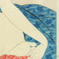 Estampe japonaise détail de l’estampe pied et main sur le coussin rouge