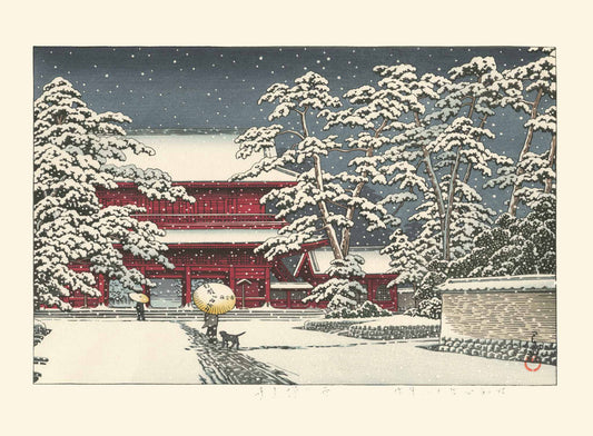 Estampe Japonaise d'un paysage sous la neige en hiver au temple zojoji format horizontal