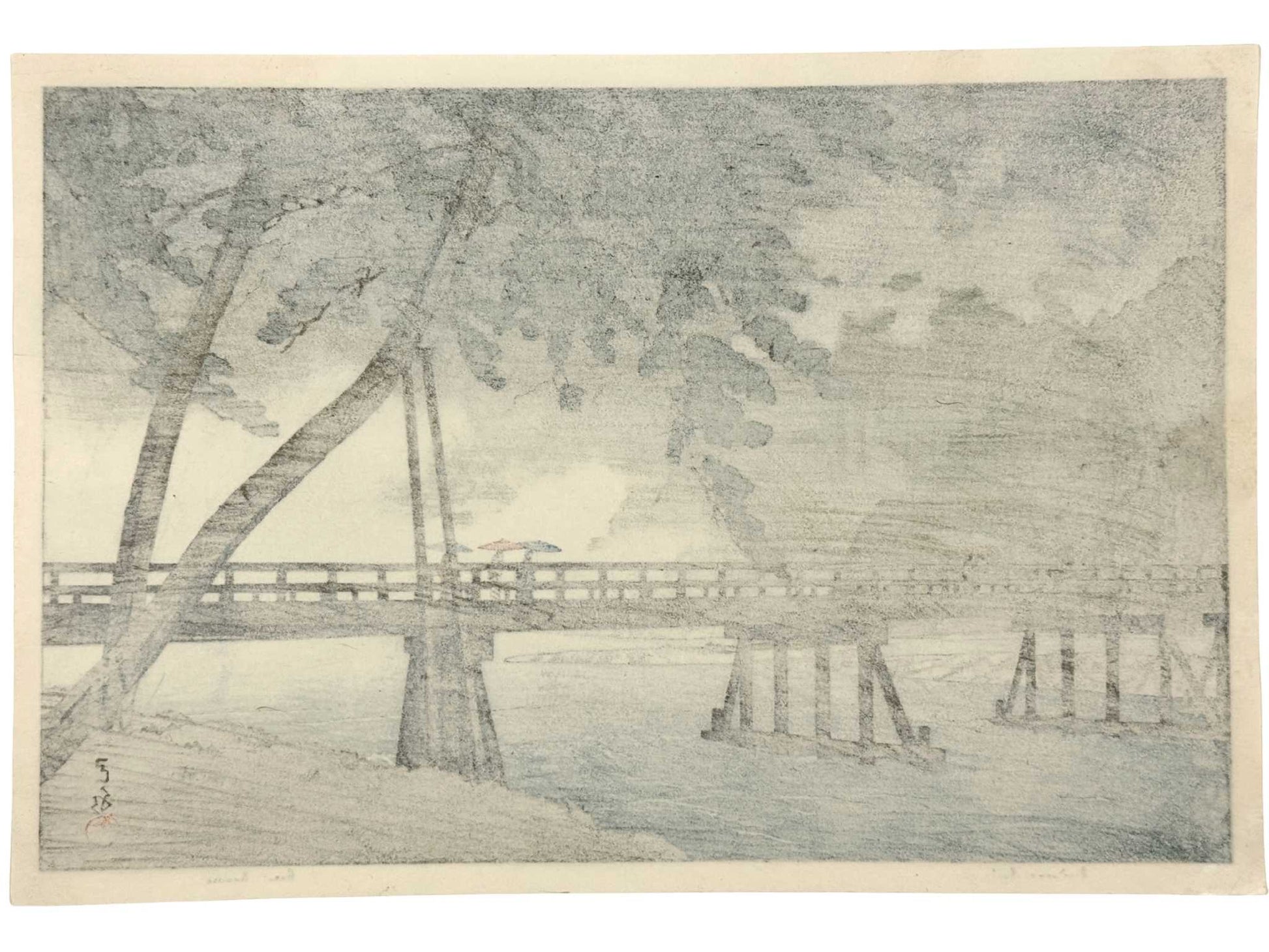 Estampe Japonaise de Hasui Kawase représentant un pont de Kyōto à Arashiyama au bord de la rivière Katsura sous la pluie, le verso