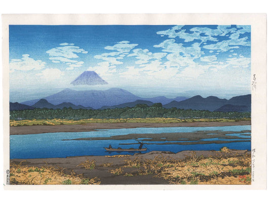 estampe japonaise de Hasui, le Mont Fuji vu de la rivière Banyu