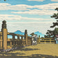 estampe japonaise de Kawase Hasui, le sanctuaire Konpira dans la province de Sanuki, détail des pèlerins devant la rambarde