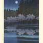 Estampe Japonaise d'un paysage de Nuit, pleine lune, rivière reflets des arbres. 