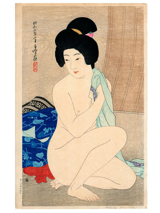 Estampe Japonaise de Hakuho, femme nue s’essuyant après le bain
