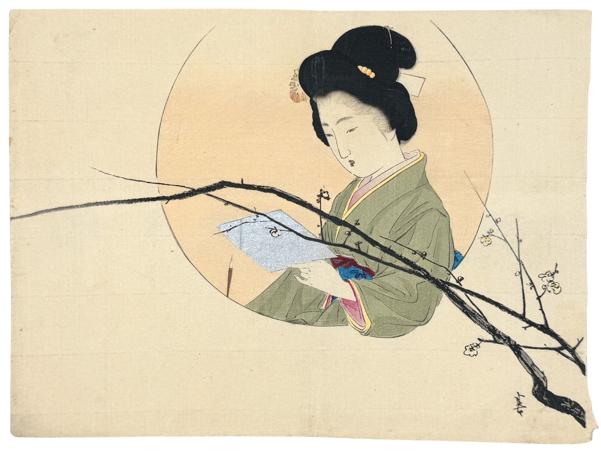 estampe japonaise type kuchi-e de Kajita Hanko, femme lisant et prunier en fleurs 