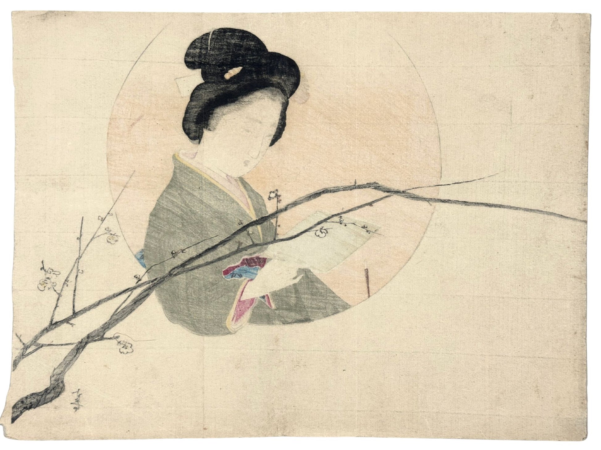 estampe japonaise de Kajita Hanko, femme lisant et prunier en fleurs, le verso de l'estampe