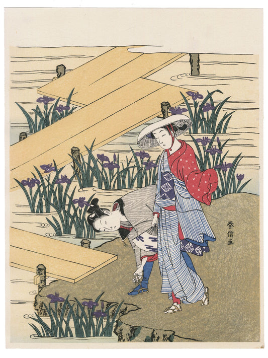 Estampe japonaise Harunobu avec femmes et iris dans un jardin