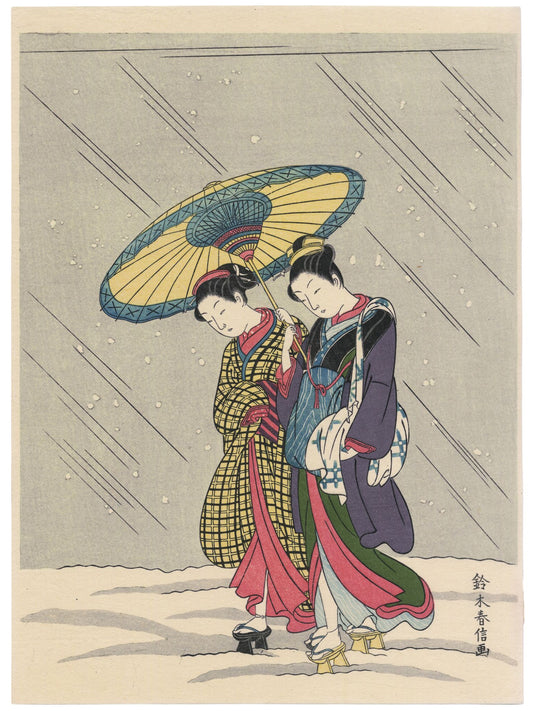 Estampe japonaise Harunobu avec deux femmes revenant du bain sous la neige