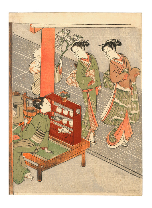 Estampe japonaise de Harunobu Suzuki, la maison de thé Kagiya