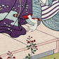Estampe japonaise Harunobu, les amants, femme en kimono violet et homme rayé assis sur une terrasse, gros plan sur les mains