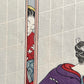 Estampe japonaise Harunobu, les amants, femme en kimono violet et homme rayé assis sur une terrasse, gros plan sur l'espionne