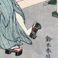 Estampe japonaise Harunobu, les amants, femme en kimono violet et homme rayé assis sur une terrasse, gros plan sur les pieds nus chaussés de geta