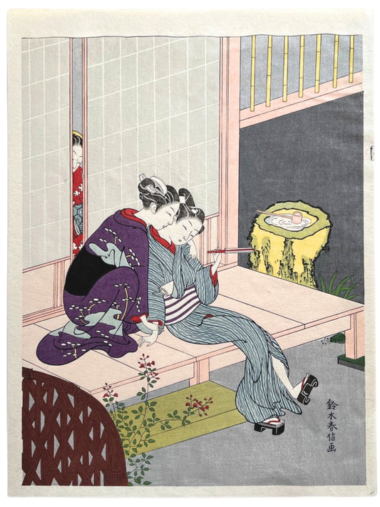 Estampe japonaise Harunobu, les amants, femme en kimono violet et homme rayé assis sur une terrasse