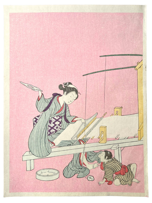 Estampe japonaise de Harunobu Suzuki, Tisserande et enfant