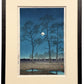 estampe japonaise encadrée de Hasui Kawase paysage nocturne lune d'hiver a Toyama arbre et ombre dans la nuit, avec bisau, passe-partout et cadre noir imitation bois brulé