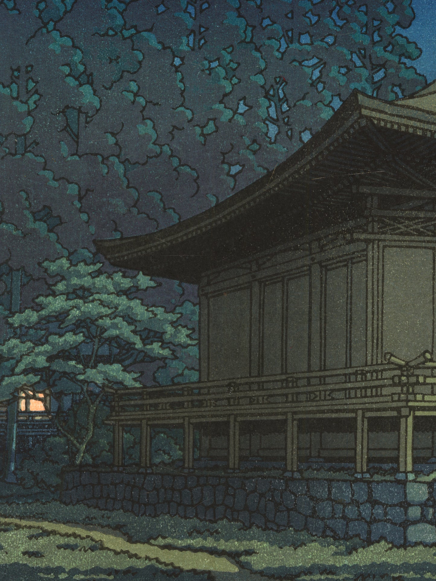 estampe japonaise temple à Kyoto un nuit de pleine lune, arbres et lanterne allumée