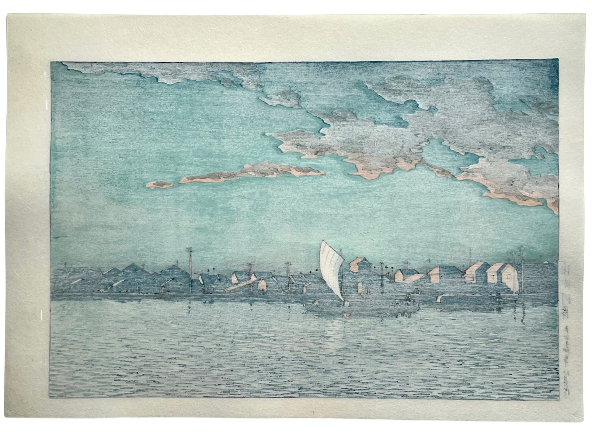 estampe japonaise de hasui kawase paysage riviere, maison, bateau au coucher du soleil, dos de l'estampe