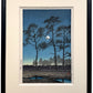 estampe japonaise encadrée de Hasui Kawase paysage nocturne lune d'hiver a Toyama arbre et ombre dans la nuit, avec cadre méplat noir