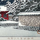 estampe japonaise la neige tombe la nuit sur le temple rouge, un promeneur sous un parapluie avec son chien, signature de l'artiste