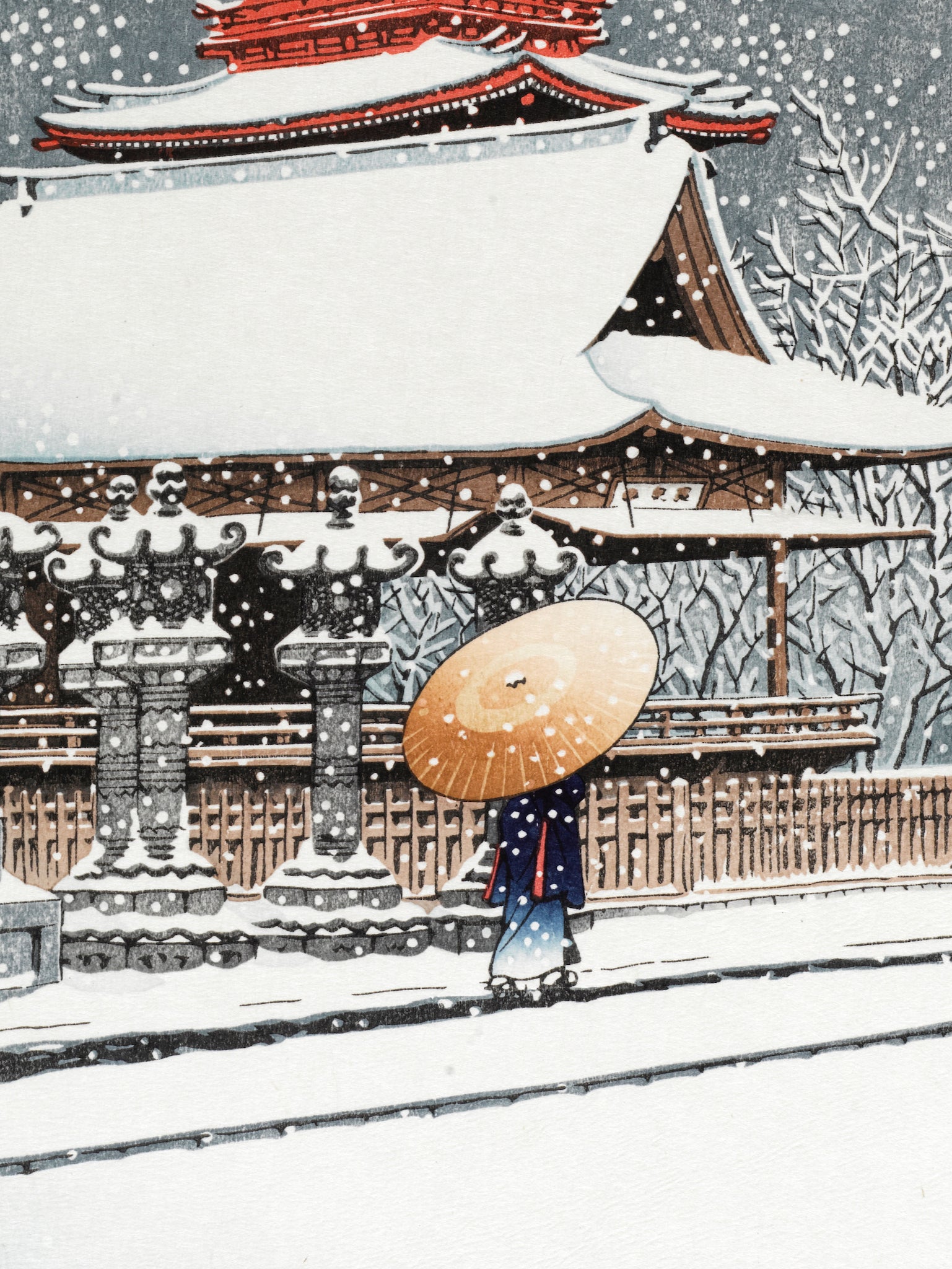 estampe japonaise neige tombant sur pagode rouge personnage sous parapluie, en kimono bleu parapluie jaune