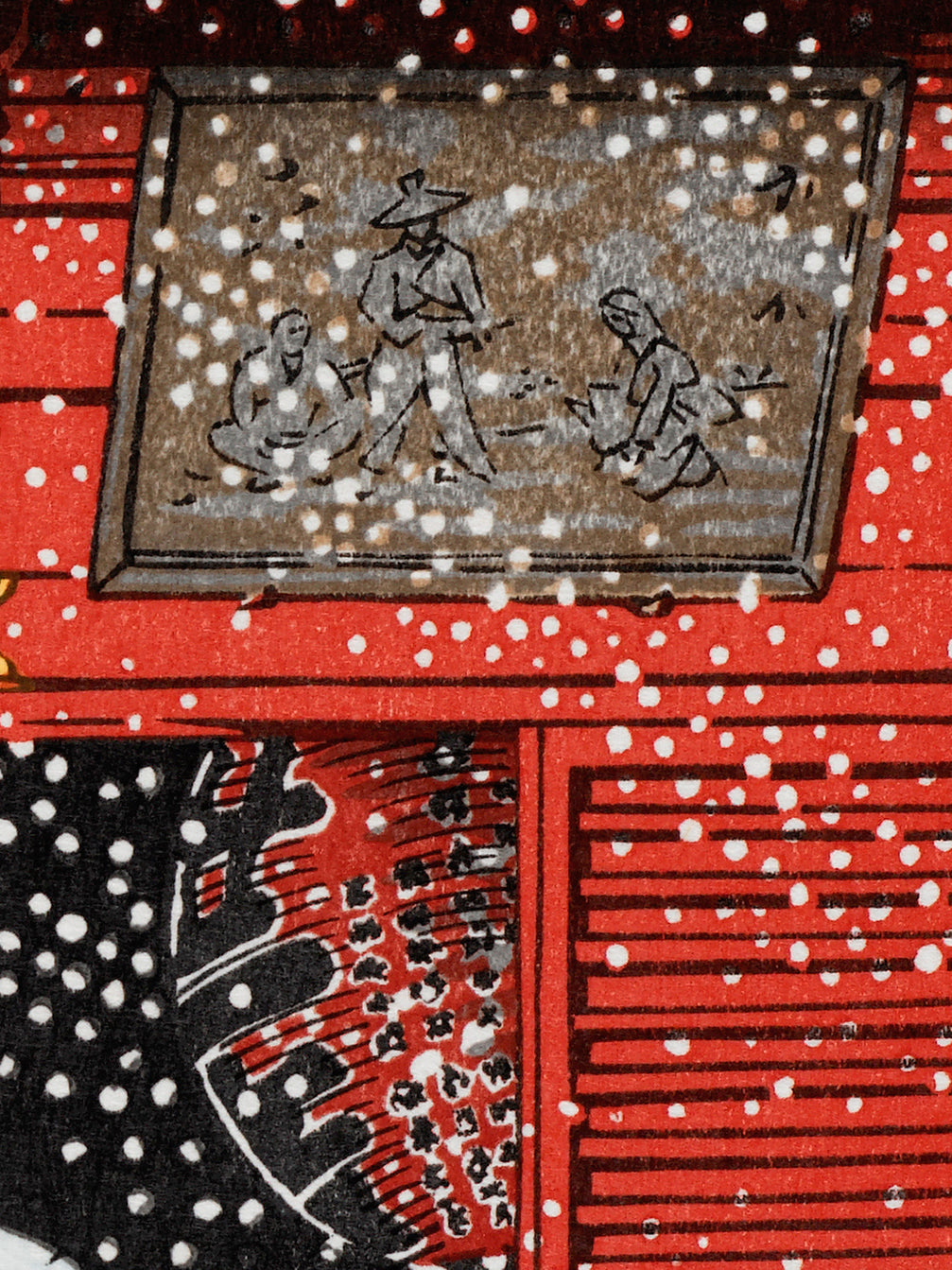 estampe japonaise une femme sous un papapluie bleu, devant entrée temple rouge sous la neige, l'enseigne et la lanterne du temple