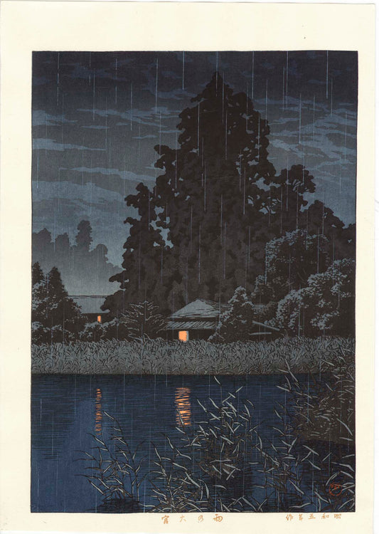 estampe japonaise paysage de nuit sous la pluie