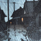nuit, la pluie tombe sur la rue du village de Kawarako, reflet de l'eau, homme sous un parapluie