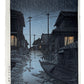 Estampe Japonaise moderne, paysage de nuit, la pluie tombe sur la rue du village de Kawarako, reflet de l'eau, maisons éclairées, barque