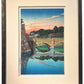 estampe japonaise encadrée paysage de Hasui pont niju au lever du jour avec cadre argent anthracite brossé