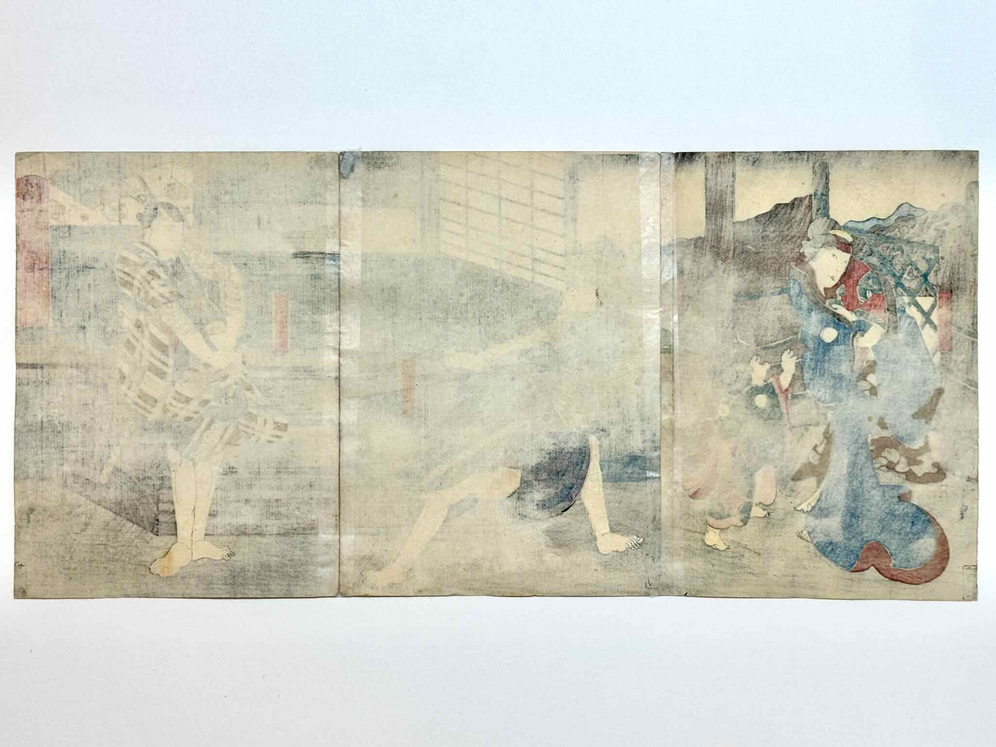 estampe japonaise en triptyque de Hirosada, scene de Kabuki combat au sabre entre deux samouraïs, verso de l'estampe