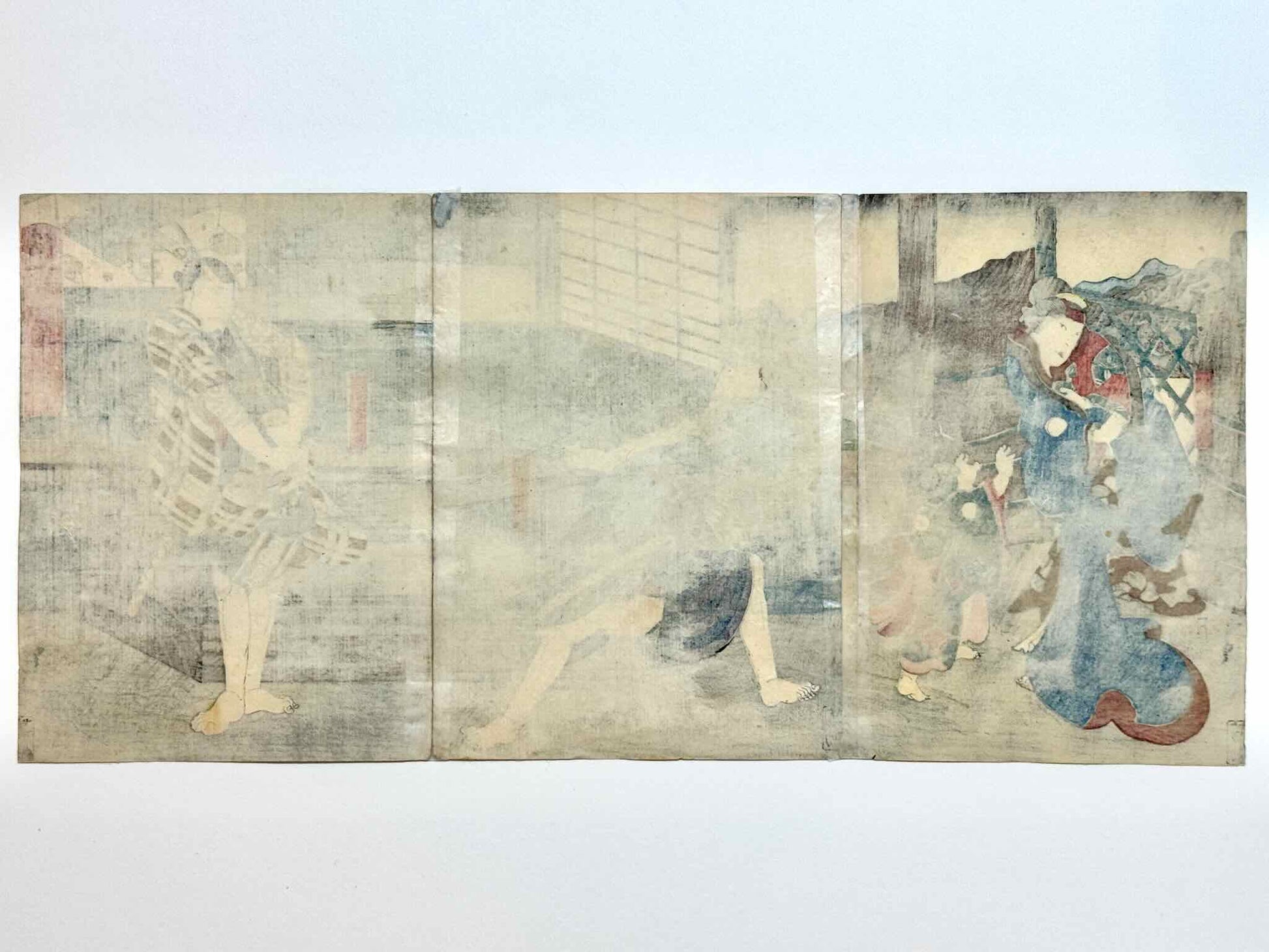 estampe japonaise en triptyque de Hirosada, scene de Kabuki combat au sabre entre deux samouraïs, verso de l'estampe